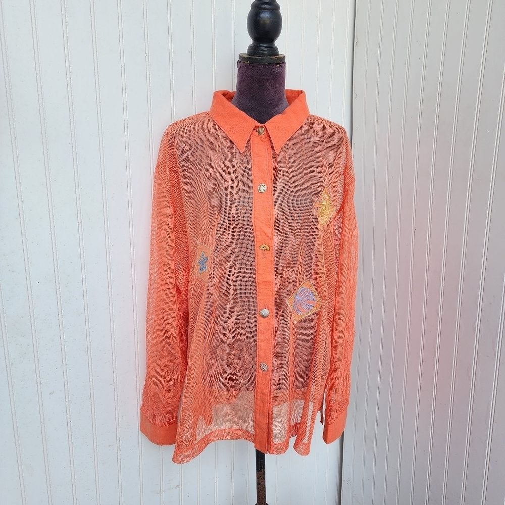 VTG Popovitch Womens Button Front Shirt Orange Linen Belnd Mesh Relaxed Plus 2X - Picture 1 of 13